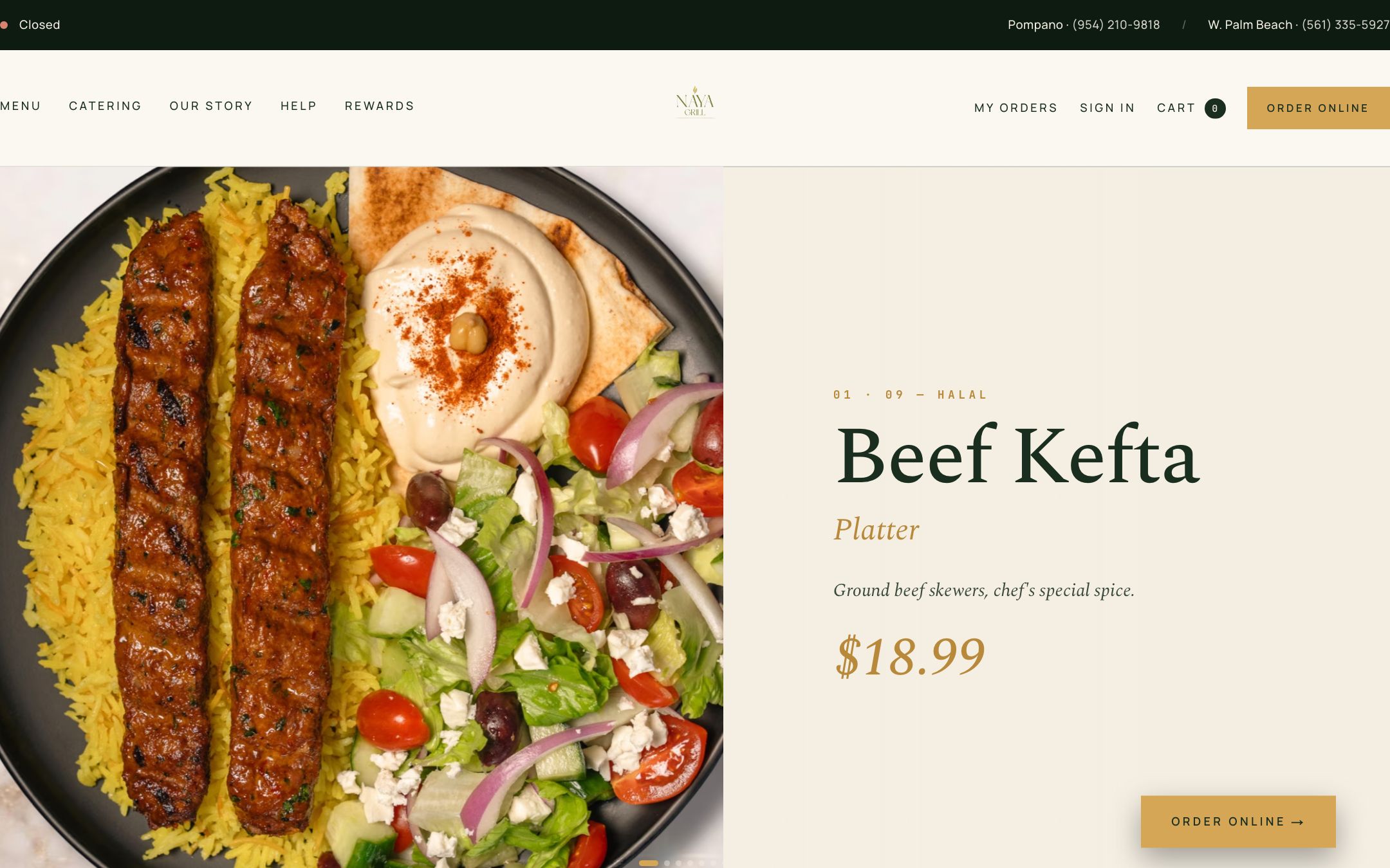 Zay-OS direct online ordering site running live on Naya Grill, a real restaurant