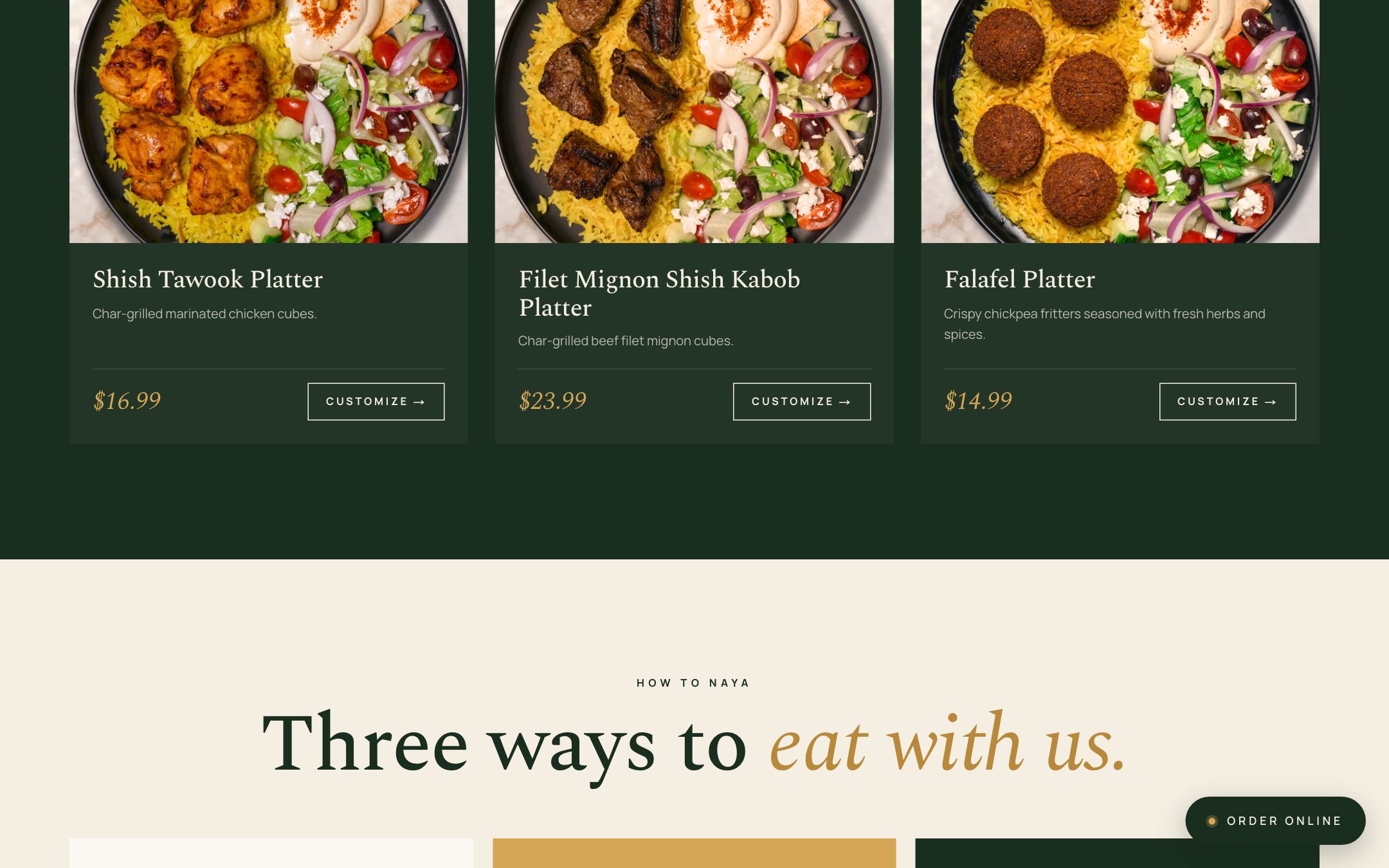 Zay-OS online ordering menu with food photos, prices, and one-tap customize on Naya Grill