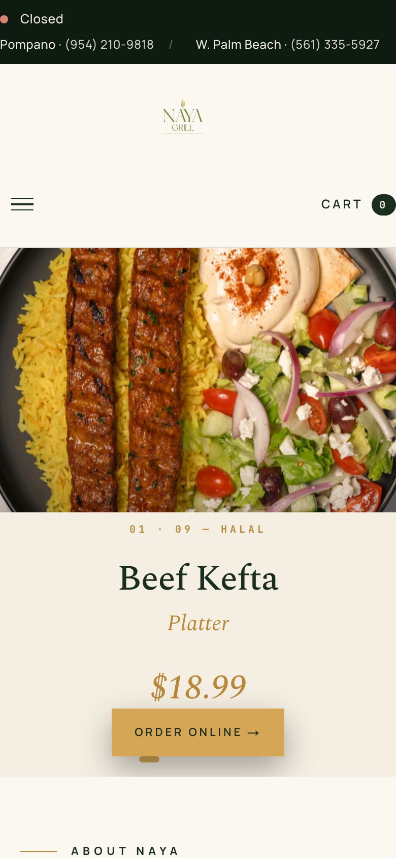 Zay-OS mobile online ordering storefront for Naya Grill